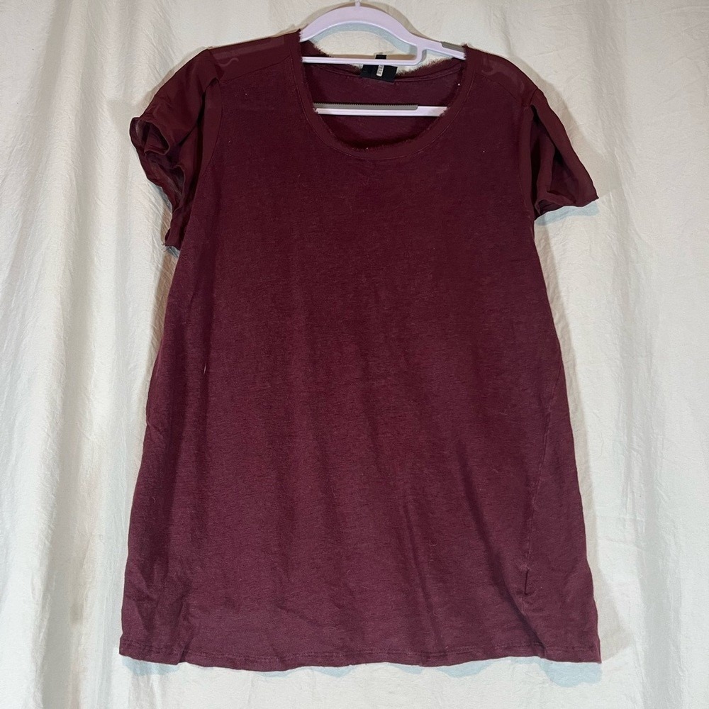 Who What Wear Burgundy Mixed Media Frayed‎ Neck Sheer Sleeve Top XXL